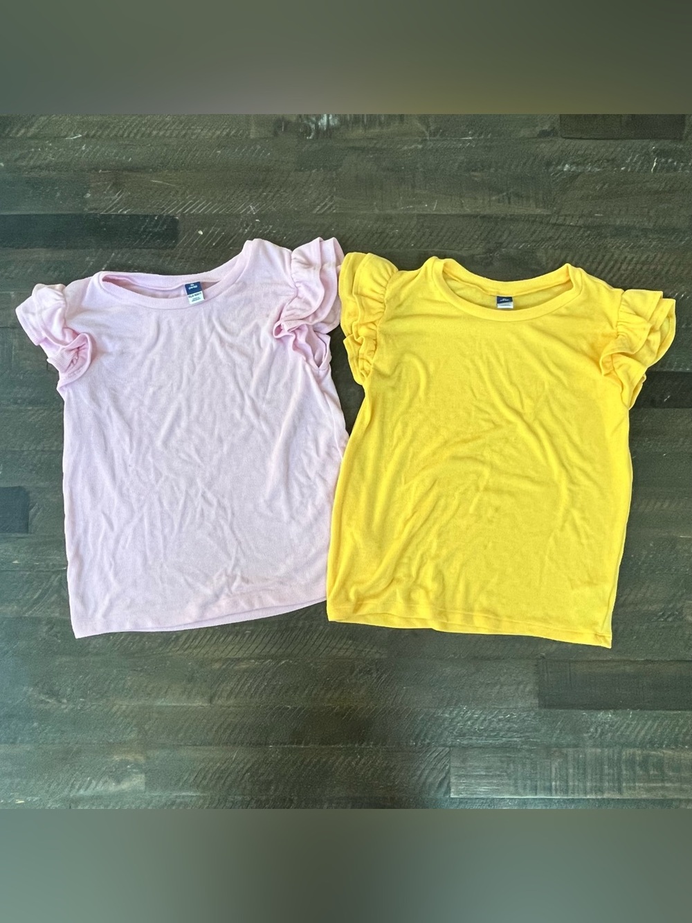 Lot of 2 Old Navy Girls XL 14-16 Ruffle Sleeve Ribbed Knit Shirts Pink Yellow